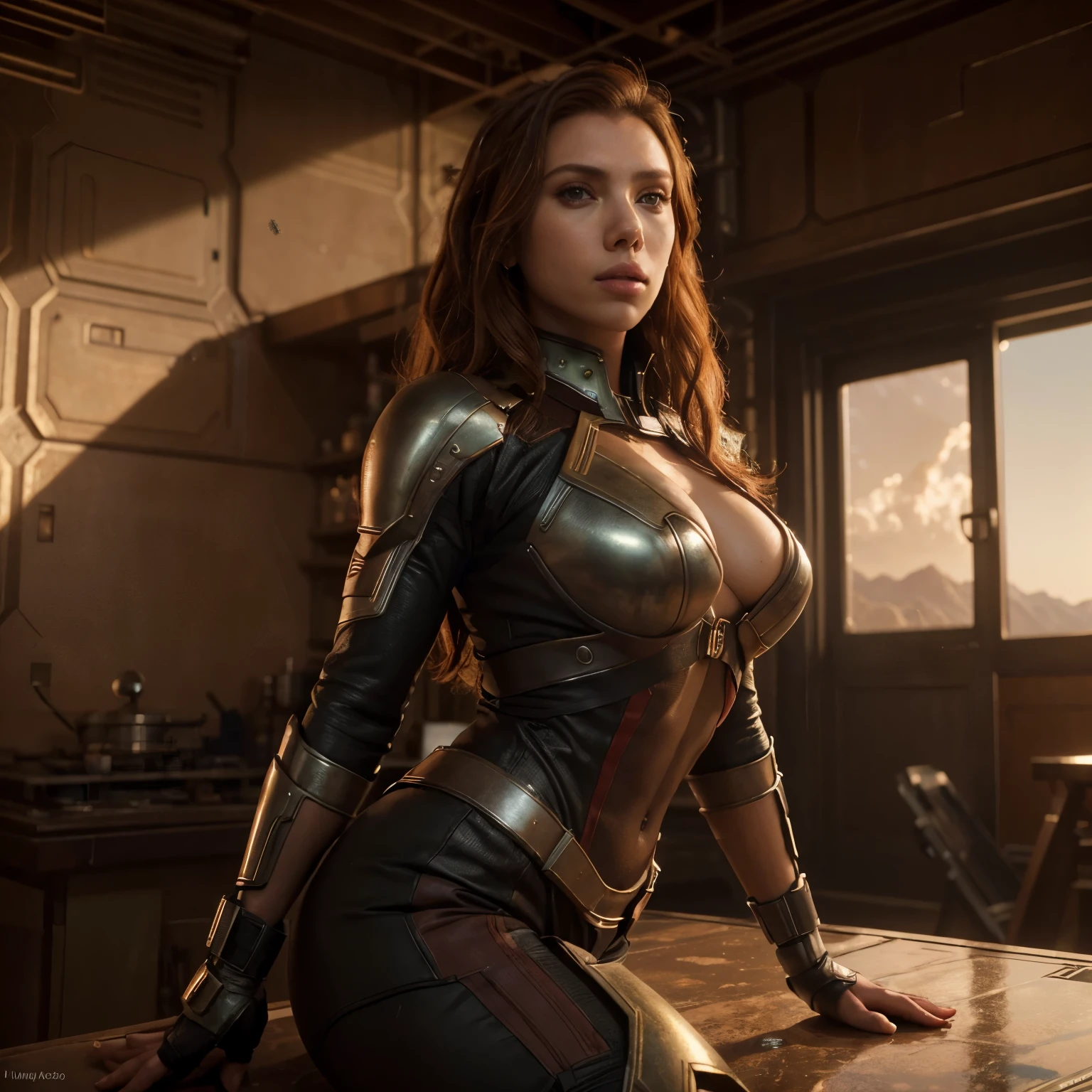 (best quality,4k,8k,highres,masterpiece:1.2),ultra-detailed,(realistic,photorealistic,photo-realistic:1.37),Scarlett Johansson as a fierce woman hawk hero dominating the dynamic landscape of Mars, with her striking beauty and captivating gaze. She has mesmerizing green eyes and luscious red lips that command attention. Her face is extremely detailed, highlighting her flawless complexion and defined features. 
The medium is a realistic painting that captures every intricate detail of Scarlett Johansson's expression and the vibrant colors of the Martian scenery. 
The additional details include Scarlett Johansson's flowing hair, elegantly styled in loose waves, cascading down her shoulders. She is dressed in a sleek and futuristic suit, adorned with intricate patterns and metallic accents that symbolize her fearless and powerful nature. Her pose exudes confidence and determination, as she surveys the Martian landscape with a focused gaze. 
The image quality is of the highest standard, with 4k resolution and an emphasis on ultra-detailed rendering. The lighting is carefully crafted to enhance Scarlett Johansson's features and create a dramatic atmosphere, with subtle shadows playing across her face and the Martian terrain. 
The art style is a combination of portraits and sci-fi, beautifully blending the realism of Scarlett Johansson's depiction with the awe-inspiring backdrop of the Martian landscape. 
The color palette is rich and vibrant, with deep reds and oranges contrasting against the cool blues and purples of the Martian sky. 
Overall, this masterpiece captures the essence of Scarlett Johansson as a powerful woman hawk hero in a dynamic Martian setting, showcasing her strength, beauty, and fierce determination.