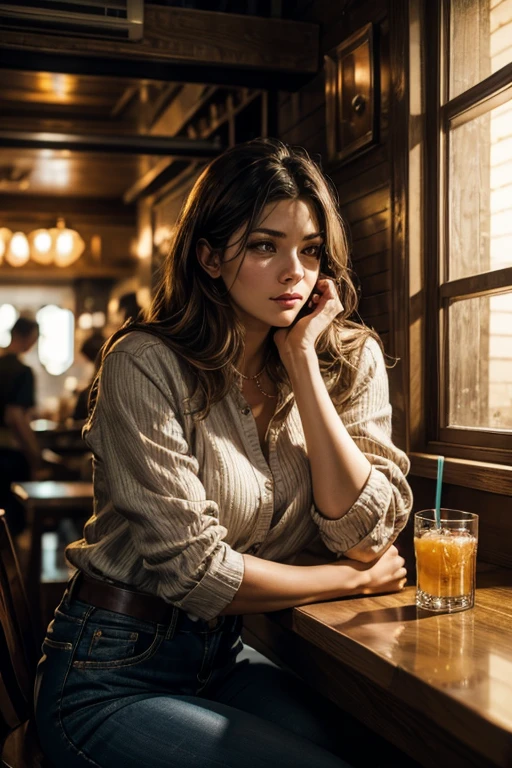 Medium shot. A man leaning on the counter of a bar looks down at his glass of drink, while a woman, somewhat far away, looks at him out of the corner of her eye. They are surrounded by more people, but they are diffuse bodies and faces. Modern scene, realistic style, cold light.