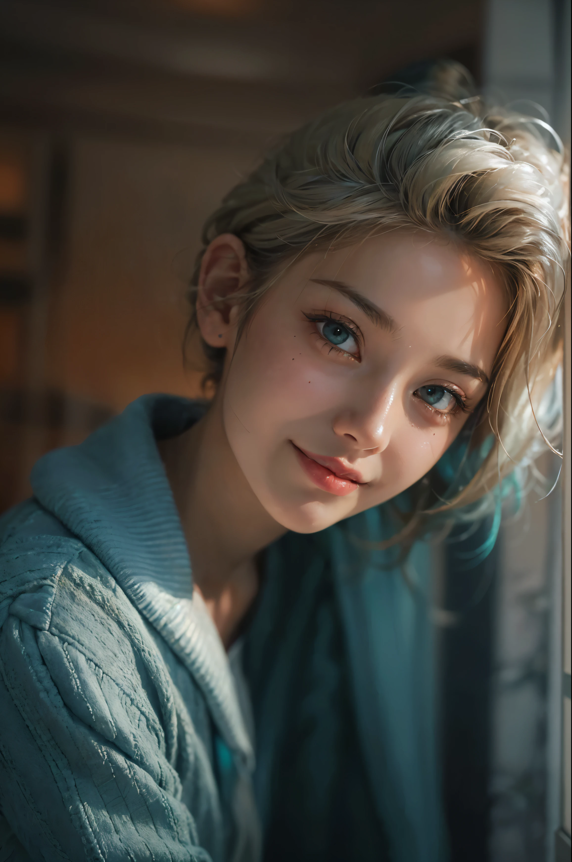 1girl, (ultra realisic), (Illustration), (Resolution Enhancement), (8K), (Extremely detailed), (Best Illustration), (beautiful-detailed best Quality), (The ultra-detailliert), (Masterpiece ), ( wall ), (Detailed face), short blond hair,(hi-top fade:1.3), (Smiling broadly, bright look), dark theme, soothing tones, muted colors, High contrast, (Natural skin texture, hyperrealism, Soft light, edgy),exposure blend, medium shot, Bokeh, (HDR:1.4), High contrast, (films, teal and orange:0.85), (muted colors, faded colors, soothing tones:1.3), Low saturation, (hyperdetailed:1.2), (black:0.4)