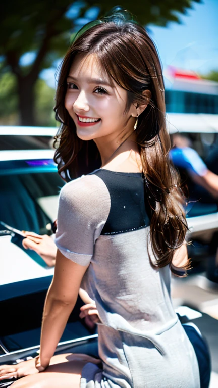 (high resolution、(8k )、 highest quality, Super detailed, , (reality, photos reality:of), Highly detailed cute girl, 25 years old, (realityof)、(Super detailed)、((8k))、(歯を見せるsmile)、(smile)、(sitting on the hood of a car)、(Side view:1.4)、(full body shot:1.4)、(coca cola girl)、(big breasts big ass)、(looking at the viewer)、(Side view)、(tee back bottom) , (motorsport race sitting on the hood of a car), (photorealityof:1,4)、