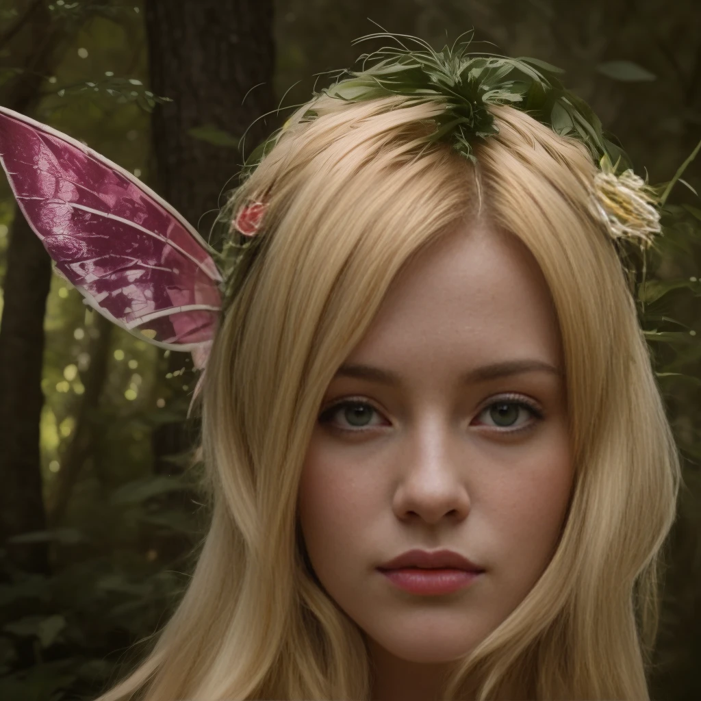 blond haired girl with hada wings and a flower crown, portrait of hada, portrait of a hada, portrait of hada princess, Fae age girl, retrato de elfo muy hermoso, ellie bamber hada, Faerie, hada, forest hada, hada look, forest Fae, Fae, retrato de un elfo, portrait of hada woman