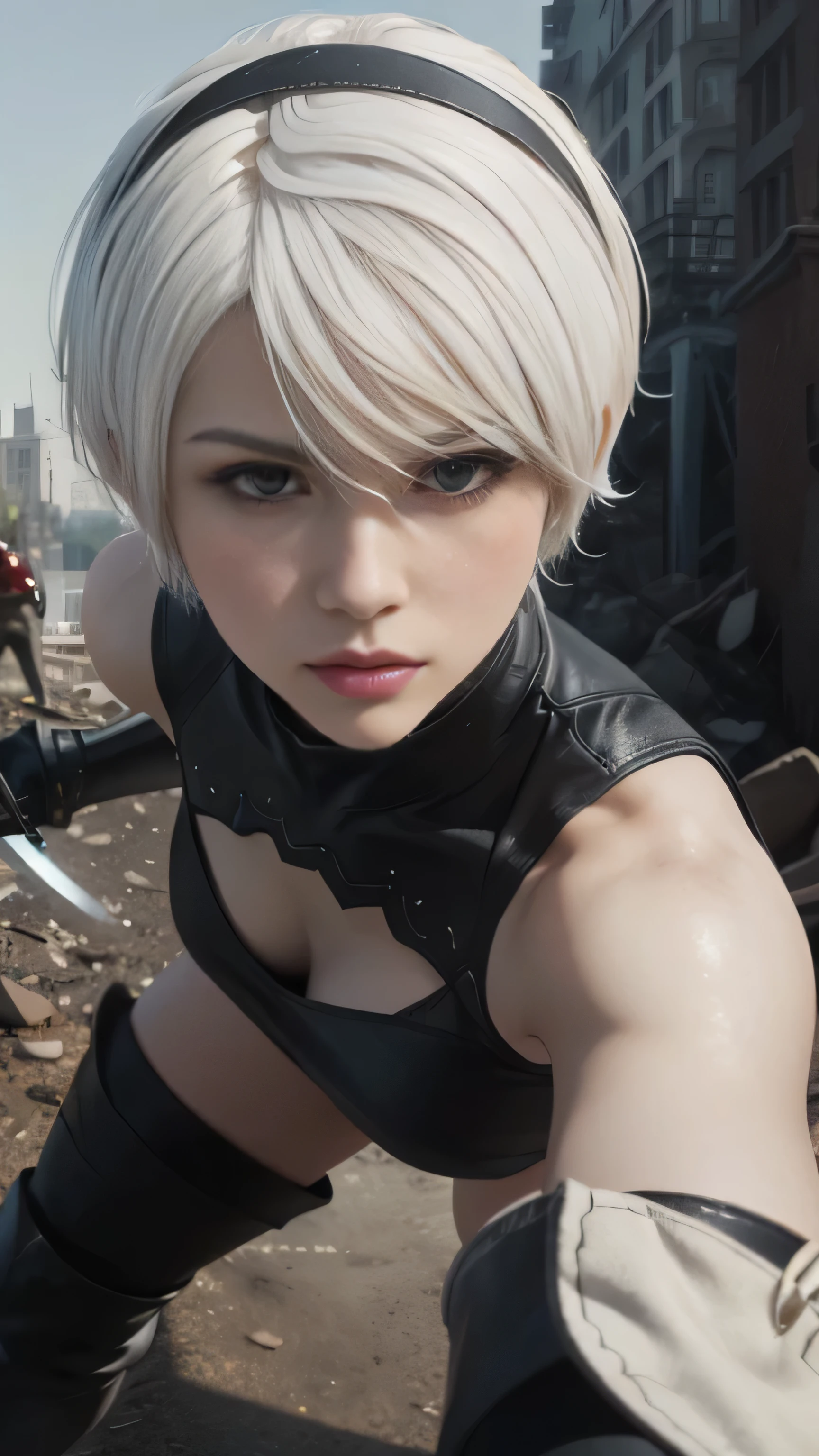 (black short dress:1.3), (spread your legs:1.0), (showing panties:1.0), (white panties:1.4), (black long boots:1.8), (black hair band:1.4), (beautiful face:1.5), (detailed face:1.2), (masterpiece, best quality:1.4), (In the ruined big city), (remains of large machinery:1.5), (fight against mechanical lifeforms:1.5), (full body shot:1.3), (1girl), (have a big sword:1.7), solo, (beautiful european:1.2), yorha no. 2 type b, (white short hair:1.5), hyperrealistic, high detailed skin, high quality, highly detailed face, highly detailed skin, skin pores, subsurface scattering, realistic pupils, medium breast, full face blush, full lips, detailed background, depth of field, volumetric lighting, sharp focus, absurdres, realistic proportions, good anatomy, (realistic, hyperrealistic:1.4)