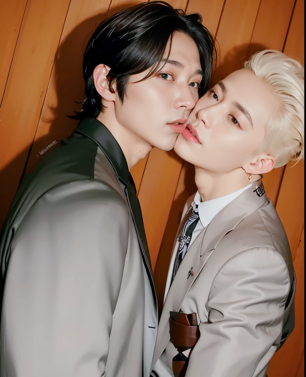 there are two men that are beijoing each other in a photo, cai xukun, inspirado em jeonseok lee, inspirado em Yanjun Cheng, bts, fanart oficial, They are in love, They are close to each other, beijoing together cutely, taejune kim, tumblr, homossexual, Suave em _ o fundo, jia, kda e Sam isso, beijo