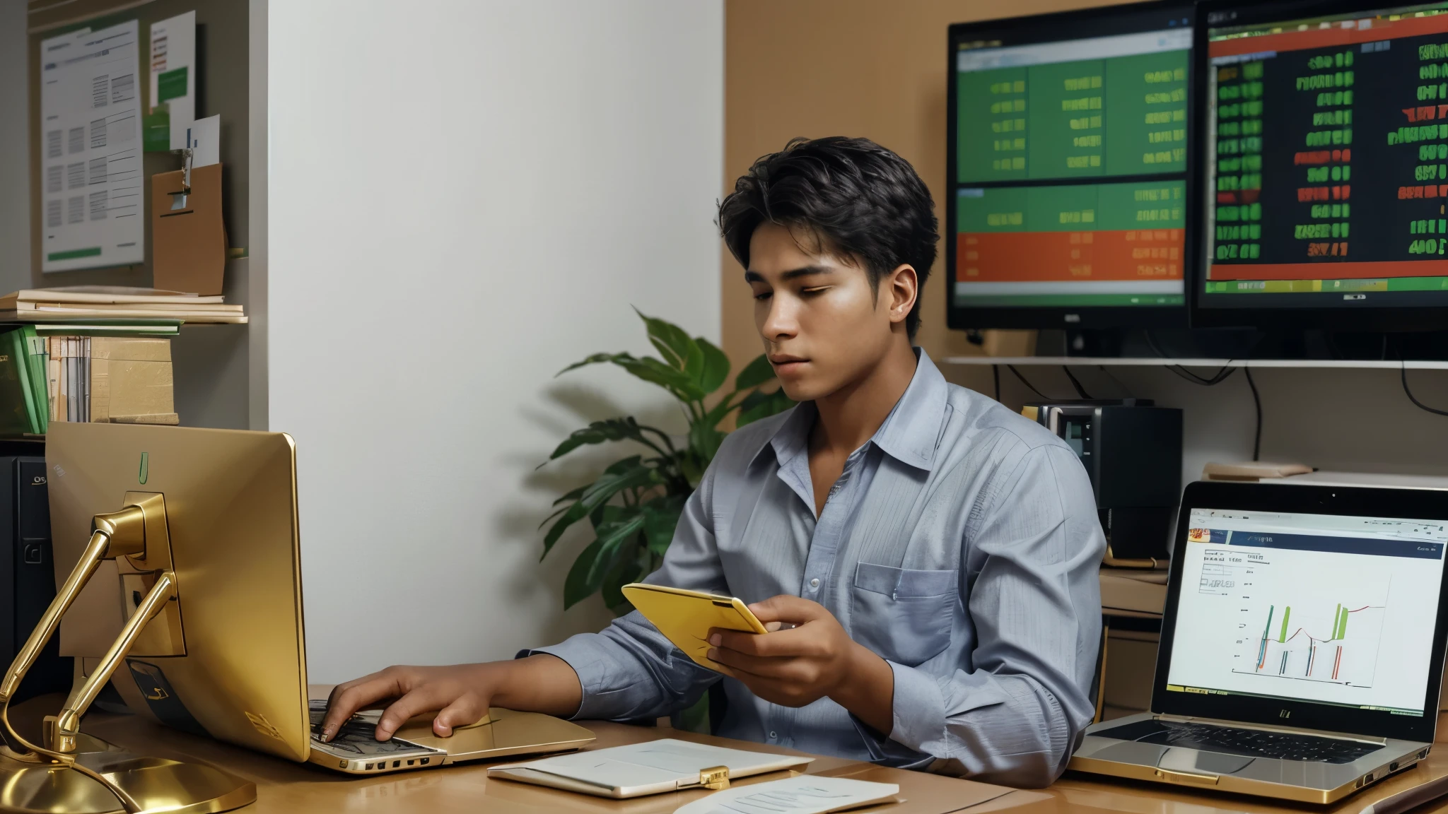 ultra realistic image of a young man buying shares on the Brazilian B3 Stock Exchange on a computer in his room with a holder and a gold bull on his desk