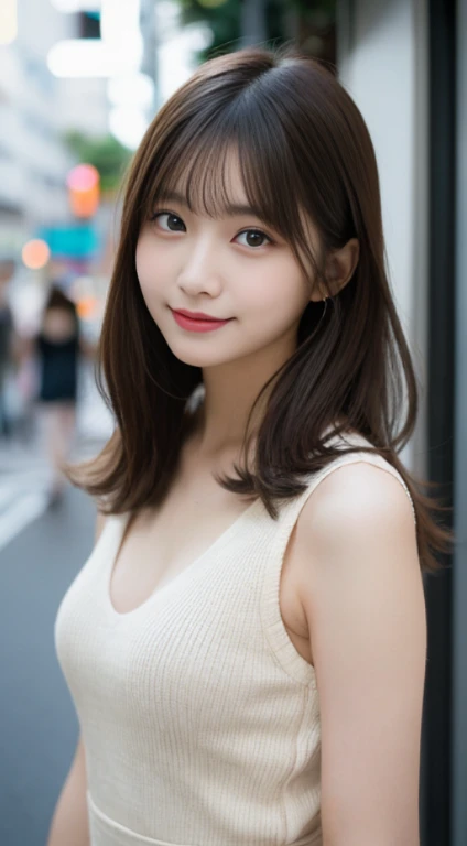 muste piece, highest quality, figure, super detailed, finely, High resolution, 8k wallpaper, 完璧なダイナミックな構figure, detailed and beautiful eyes, ladies fashion summer,medium hair,small breasts natural color lip, bold sexy pose,smile,Harajuku、20 year old girl、cute、sexy shot looking at camera、depth of subject、film grain、Ilford HP5、Clean clothing、
