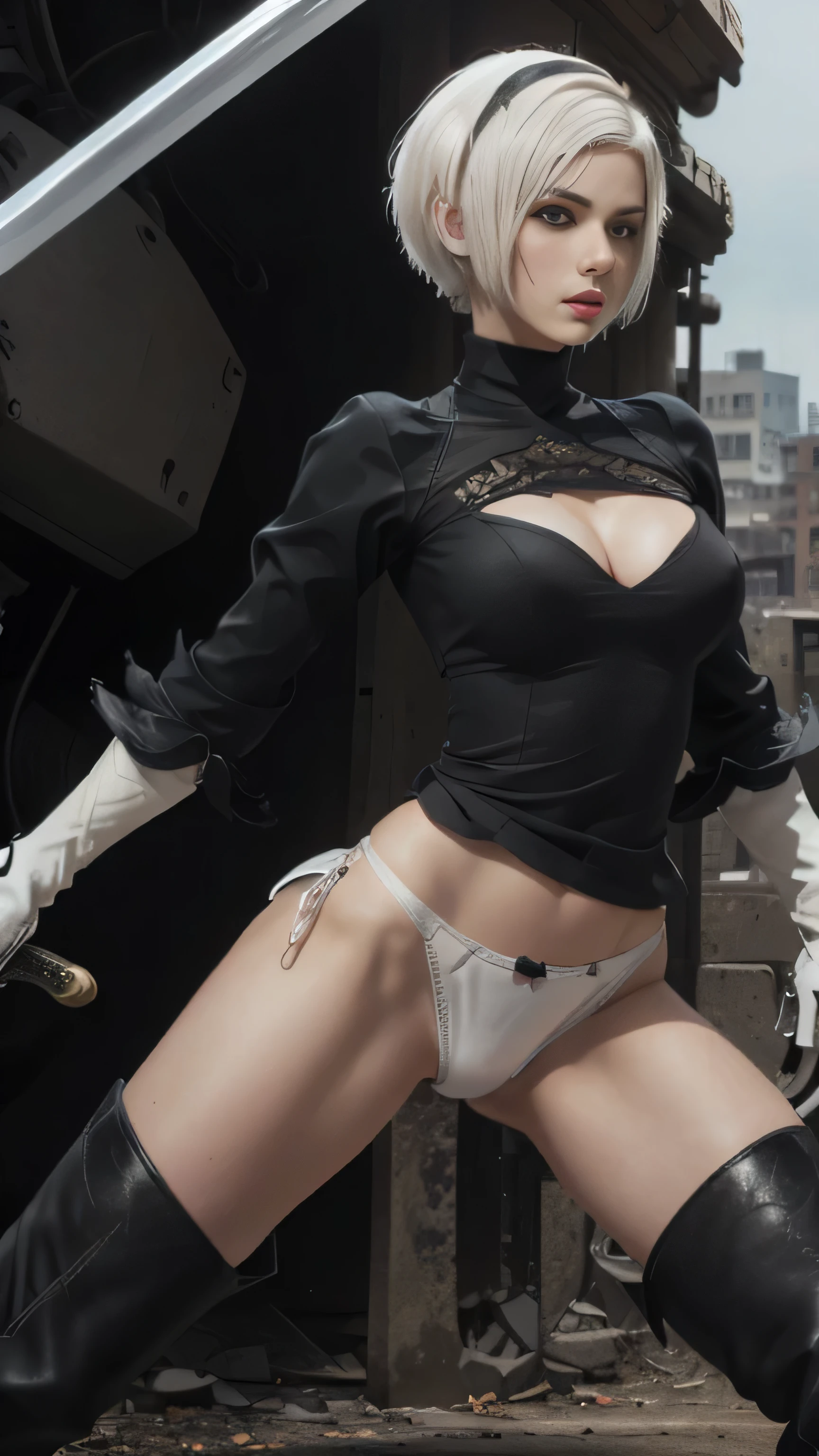 (black short dress:1.3), (spread your legs:1.0), (showing panties:1.0), (white panties:1.4), (black long boots:1.8), (black hair band:1.4), (beautiful face:1.5), (detailed face:1.2), (masterpiece, best quality:1.4), (In the ruined big city), (remains of large machinery:1.5), (fight against mechanical lifeforms:1.5), (full body shot:1.3), (1girl), (have a big sword:1.7), solo, (beautiful european:1.2), yorha no. 2 type b, (white short hair:1.5), hyperrealistic, high detailed skin, high quality, highly detailed face, highly detailed skin, skin pores, subsurface scattering, realistic pupils, medium breast, full face blush, full lips, detailed background, depth of field, volumetric lighting, sharp focus, absurdres, realistic proportions, good anatomy, (realistic, hyperrealistic:1.4)