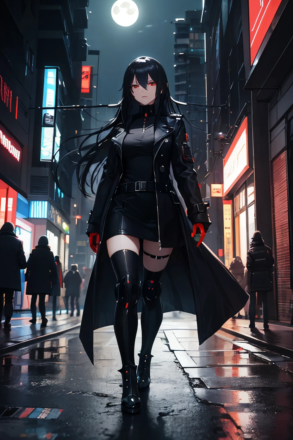 1 Women with black spiky long hair, cyberware, red eyes, long black trench coat with red lines, cyberpunk arm blades, walking down a street at night under the moon