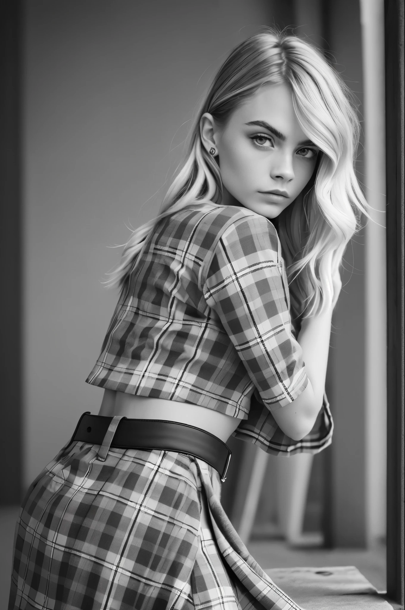 Black and white photo, cara Delevingne, colourpop (red plaid skirt) , looking sideways --auto --s2