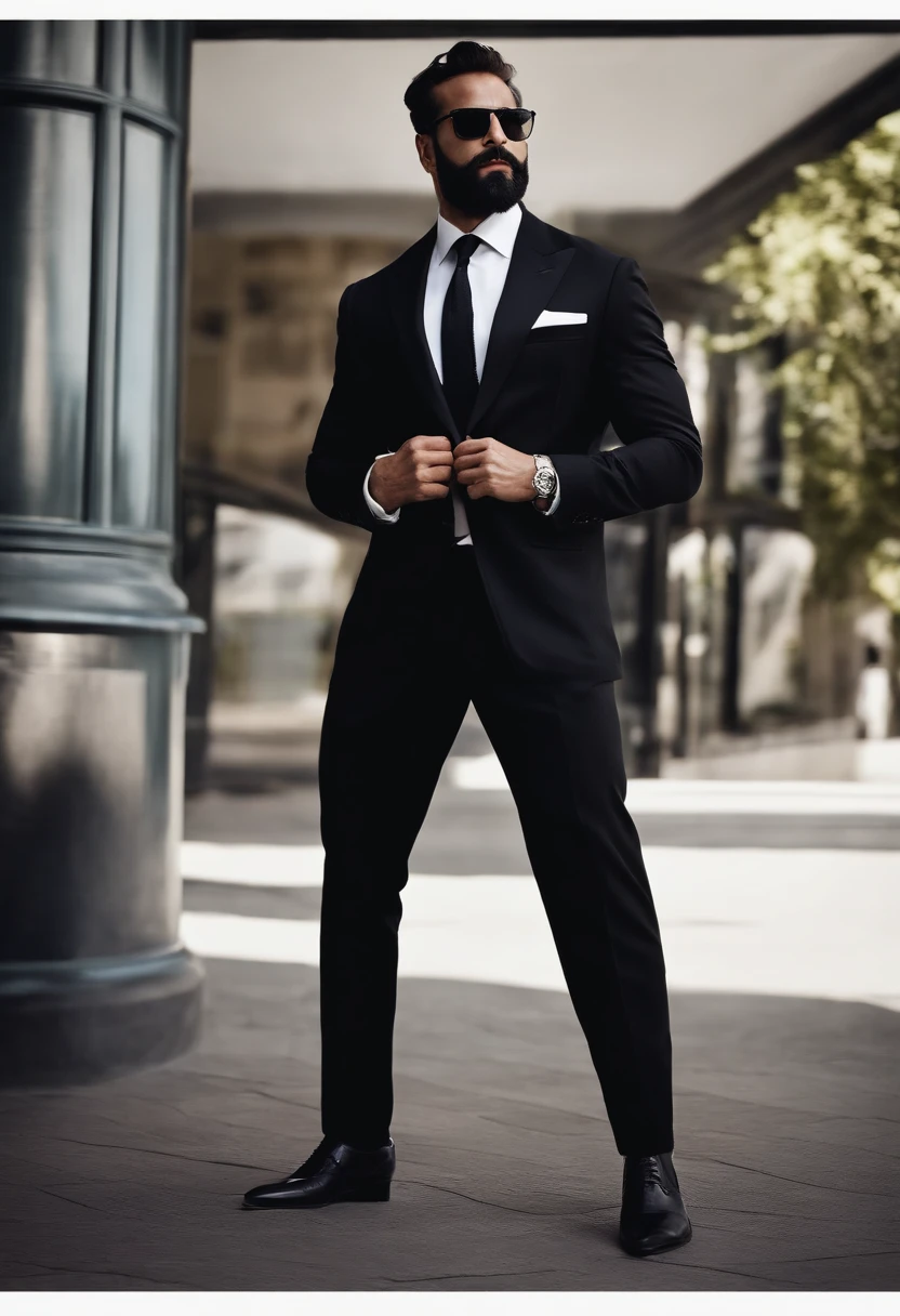 Magnifique homme noir puissant en costume ,barba , beaux cheveux , Executive, Business scenario , Costume noir, debout esbienne