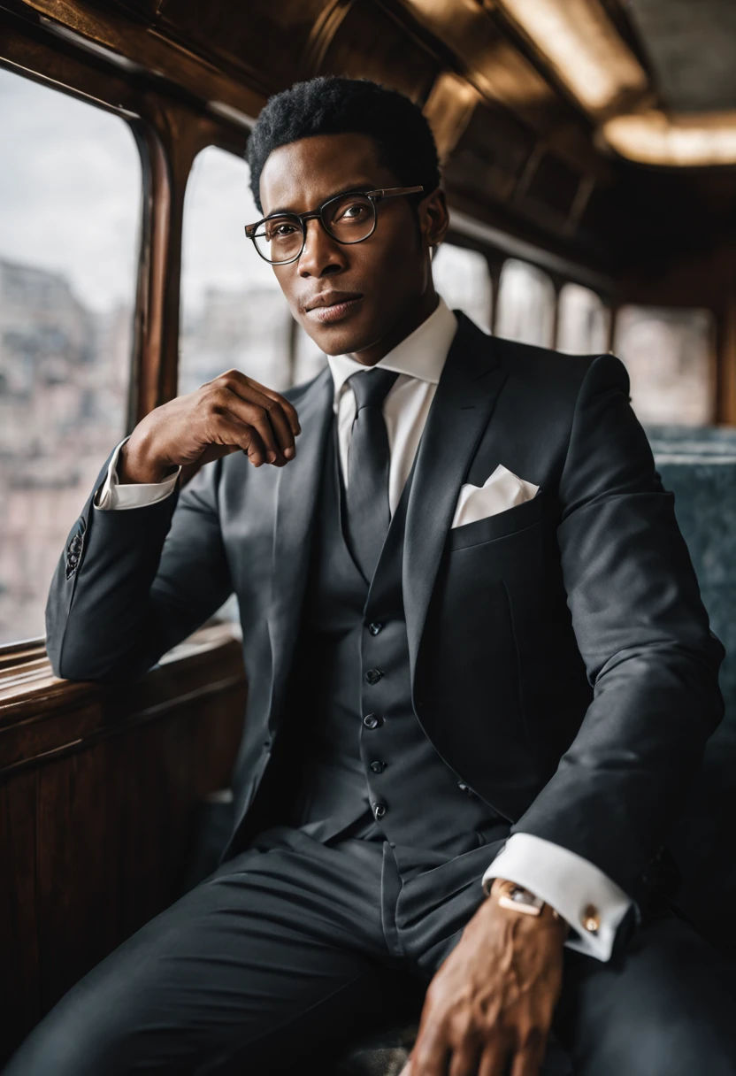 (Best quality, Ultra detailed, Golden ratio, Masterpiece: 1.2), Theatrical lighting: 0.7, Photo of a BLACK man, dressed in a very elegant black tie suit, Face rare and perfect, (Highly detailed skin), dark black dyed hair, Hide your mouth with your hands、Ridiculous, skin texture, Pale black skin, hard skin, (muscular, large size:2,1), [: (Sharp focus on a rare face, perfect eyes:1.2) :0.2], photorealistic, film grain, Put one foot forward, down and up, look at the camera, emphasize the imposing shoulders , focus on face, bottom, glasses, smile with raised corners of mouth, confident expression, summer haze, muted colors, muted warm colors, cinematic portrait photo of a man dressed in a black suit, sitting near the window early in the morning, cinematic, (tilt: 1.3) (in an old train) cautious look, standing under a spotlight, volumetric dust clouds, main light, backlight, soft natural lighting, photography Film grain ISO 400 30mm RAW lens f1.8 aperture, very detailed (analog photography: 1), HDR colors