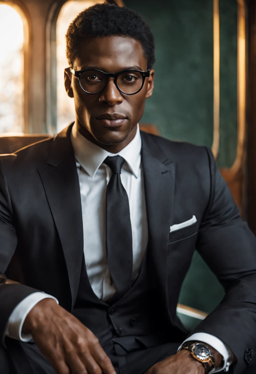 (Best quality, Ultra detailed, Golden ratio, Masterpiece: 1.2), Theatrical lighting: 0.7, Photo of a BLACK man, dressed in a very elegant black tie suit, Face rare and perfect, (Highly detailed skin), dark black dyed hair, Hide your mouth with your hands、Ridiculous, skin texture, Pale black skin, hard skin, (muscular, large size:2,1), [: (Sharp focus on a rare face, perfect eyes:1.2) :0.2], photorealistic, film grain, Put one foot forward, down and up, look at the camera, emphasize the imposing shoulders , focus on face, bottom, glasses, smile with raised corners of mouth, confident expression, summer haze, muted colors, muted warm colors, cinematic portrait photo of a man dressed in a black suit, sitting near the window early in the morning, cinematic, (tilt: 1.3) (in an old train) cautious look, standing under a spotlight, volumetric dust clouds, main light, backlight, soft natural lighting, photography Film grain ISO 400 30mm RAW lens f1.8 aperture, very detailed (analog photography: 1), HDR colors