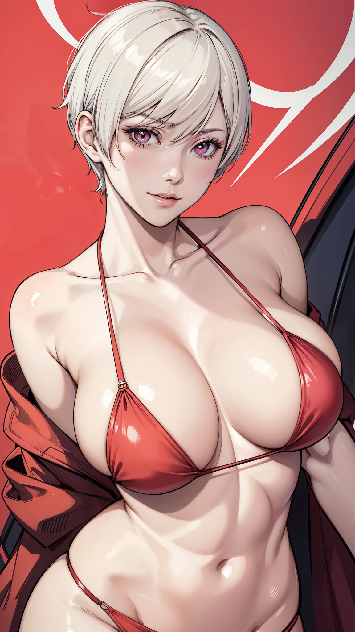 {8k image}, 1beautiful woman, 40 years old (milf), short white hair (pixie cut), red eyes, busty, wearing a pink bikini, looking at the viewer smiling, {centered image}, {close up on face}, {just face and chest photo}, facing the camera, looking directly at the camera, beach background, manhwa art style, vivid colors