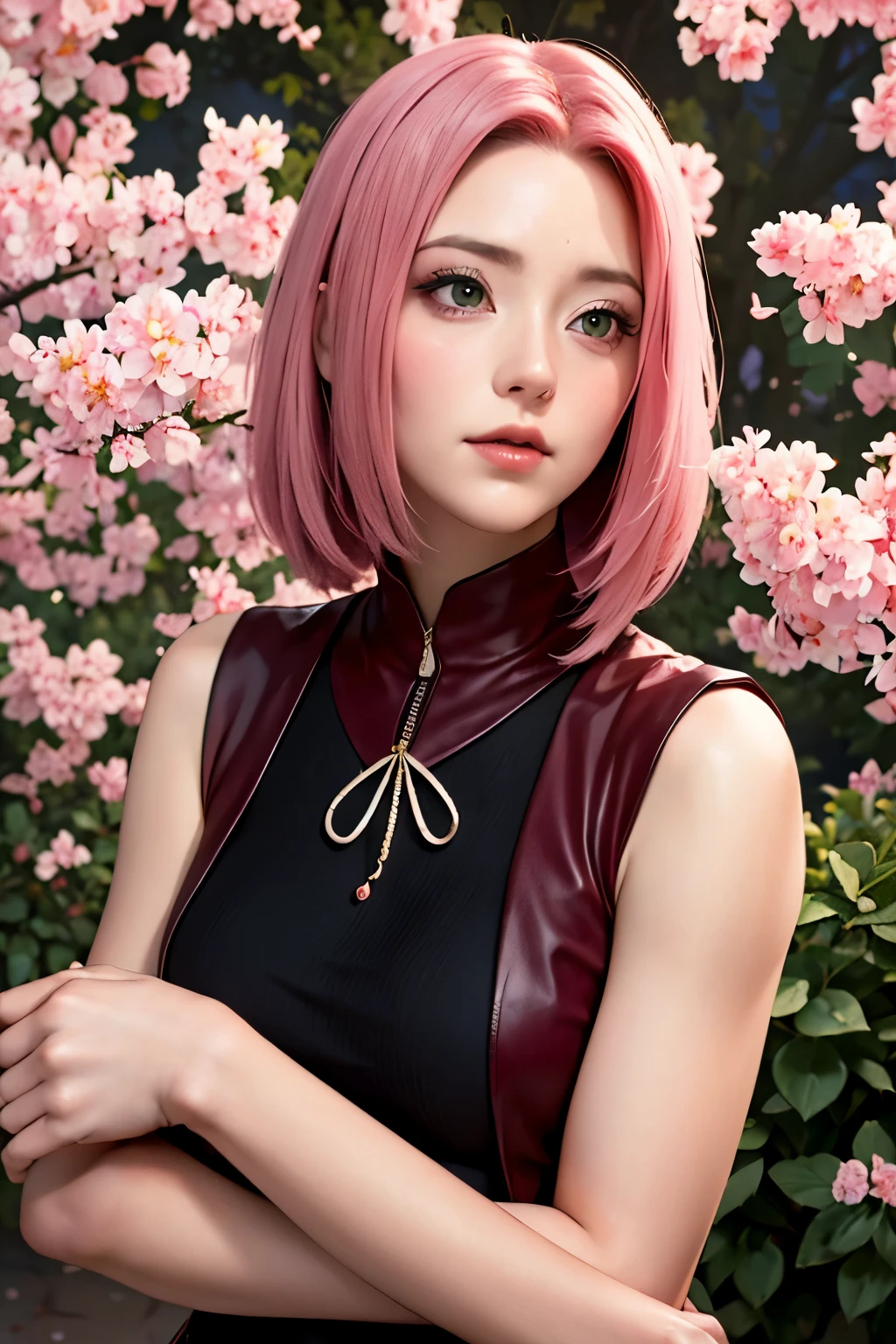 Obra maestra de alta calidad, sakura haruno, Una mujer de anime con cabello rosado y ojos verdes, sakura haruno, Estilo de arte digital, high resolution, ARTE realista, sakura haruno, Harunos Sakura, Solo, 1 chica, cabellos largos, pelo largo, Reina de las Hadas, alta, Hermoso y muy detallado