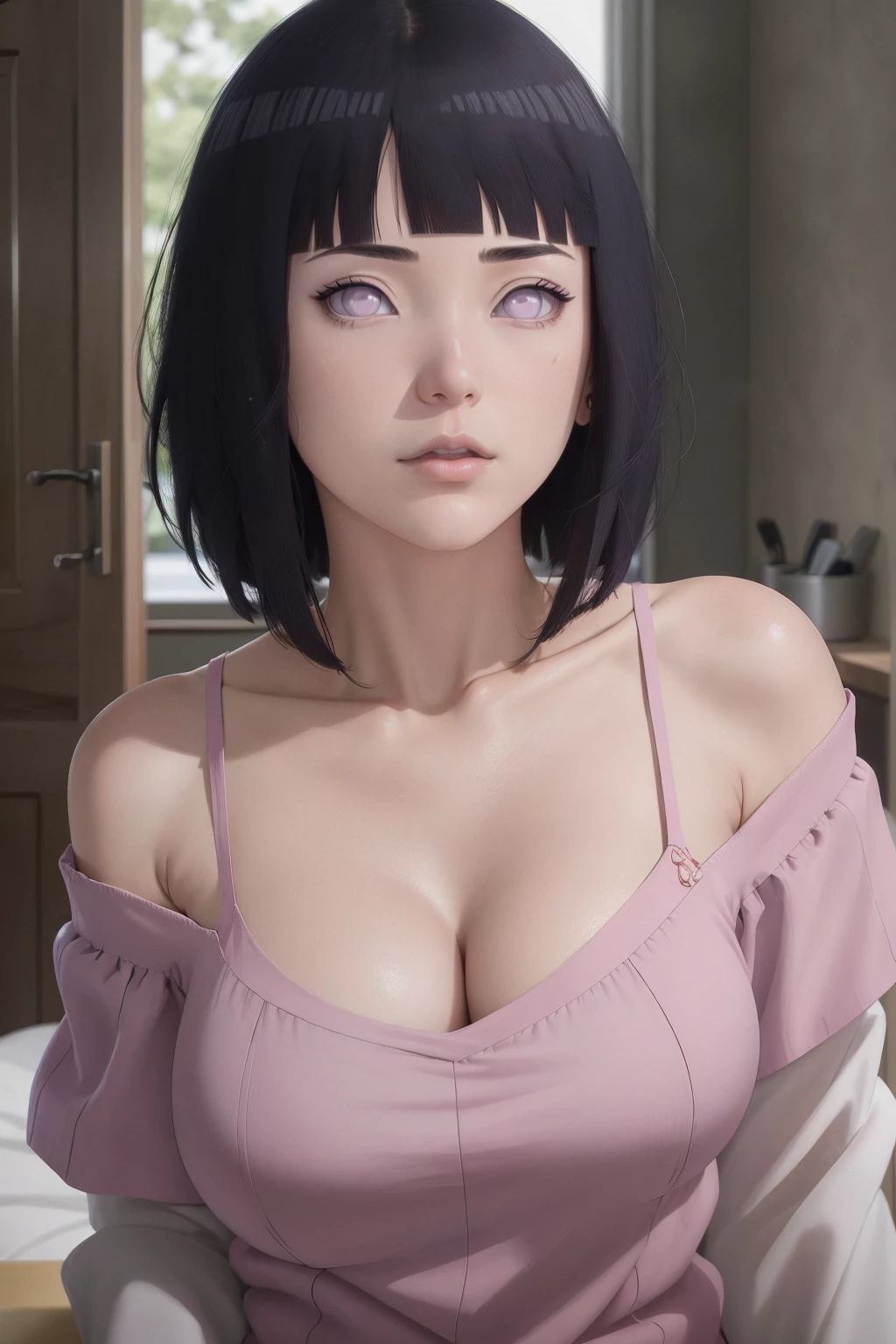 { - erro de anatomia} masterpiece, absurdres, hinata\(boruto\), 1girl, solo,mature female, off-shoulder oversized shirt, looking at viewelling petals), perfect composition, detailed lips, big breast, beautiful face, body propotion, blush, (pink lips), short hair,  purple eyes,  soft gaze,  super realistic, detailed, photoshoot, realistic face and body, sexual expression, seductive expression,