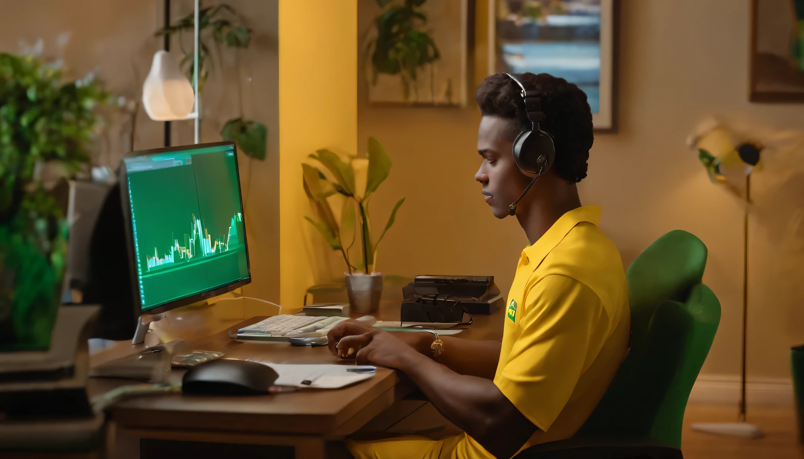 ultra realistic image of a young man buying shares on the Brazilian Stock Exchange B3 on a computer in his room with a candy holder and a golden bull-shaped ornament next to the pen holder on the work desk with a green and yellow flag on the wall

