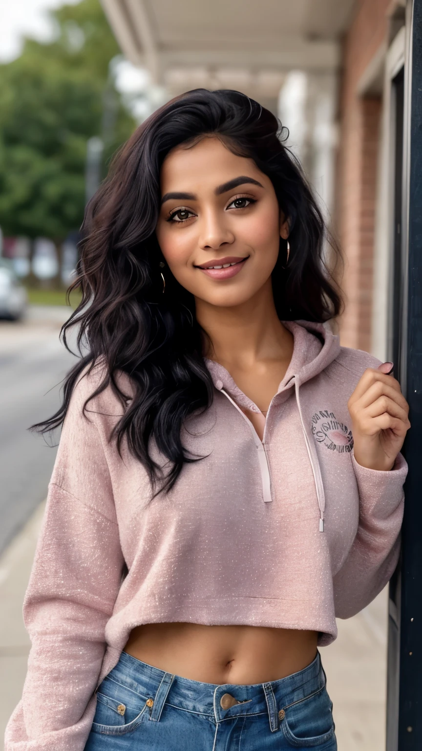 Indian Gym girl waiting for the bus ,26years old, 8k,high quality,super detail,masterpiece detail brown eyes,cute face((freckles:0.4),high detailed skin:1.4),detailed  lips, full body, Jeans,Green hoodie,medium jet black hair, smile as heavenly angel, (light smile:0.2), textured body,  cutest belly , medium boobs smooth and firm, round perfect ass,small nails,her lips are as beautiful rose pattles ,  solo,model ,eye shadow, blush,in love, detailed natural skin texture, seductive gaze, detailed lighting, shallow depth of field,   dreamy pastel palette,