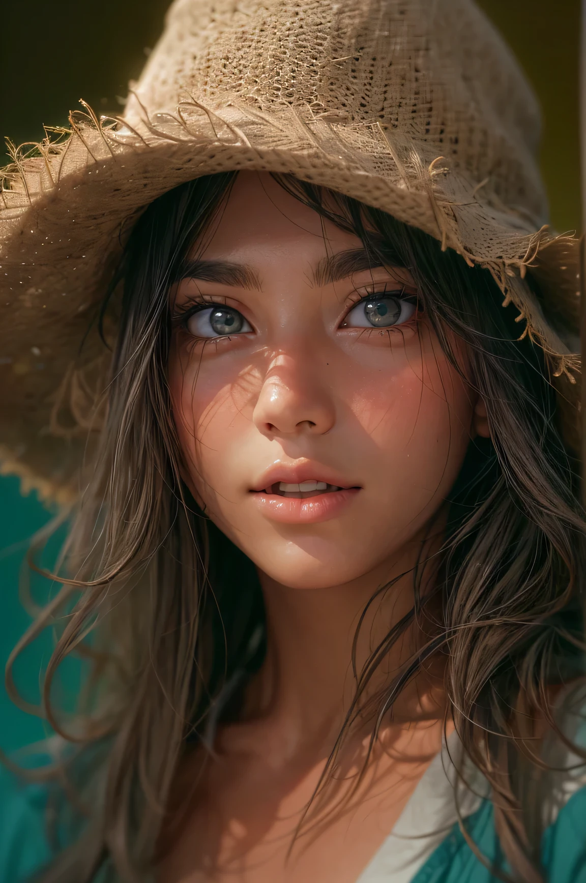 medium close-up photo of a beautiful peruvian girl, adorable face, silver brown long hair (wearing a cute cap backwards), flowing hair, light brown eyes, casual make up, realistic skin texture, warm, low saturation, blue, rich colors, by Alessio Albi, nikon d850, zeiss otus 85mm f/1.4, hyper realistic ,lifelike texture, dramatic lighting, cinestill 800