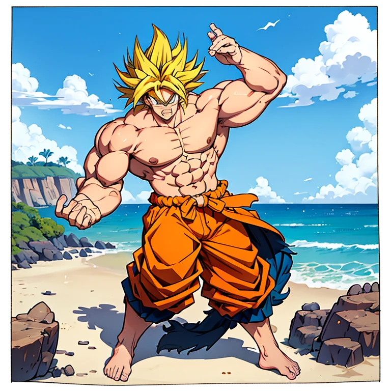 (Eine detaillierte Zeichnung von Son Goku, bodybuilding gym on the Beach.), shirtless, barefoot