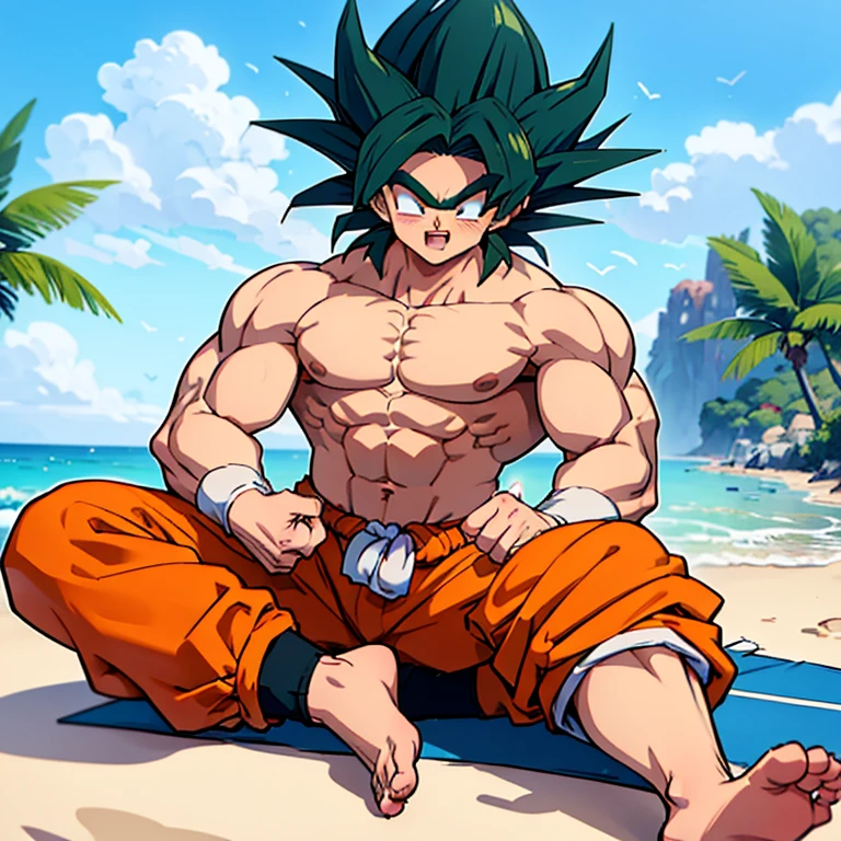 (Eine detaillierte Zeichnung von Son Goku, bodybuilding gym on the Beach.), shirtless, barefoot