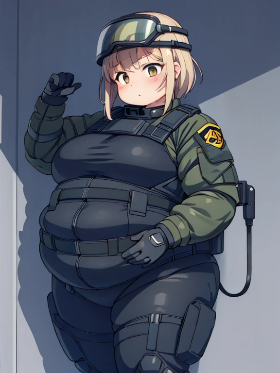 Massively obese tactical soldier girl, fat rolls, short blond hair, (obese belly):1.4, (obese thighs):1.4, bbw, wide hips, tall black boots, flustered, armored bodysuit, large ass, ussbbw, (soldier helmet):1.3, gas mask extremely chubby, BREAK metal walls, facility, hallways, factory, sheet metal, dark, abandoned, vent