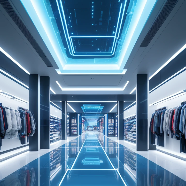 Very futuristic digital space area forgotten in a hyper commercial store of clothing and various furniture on sale, ultra hd bright lights , very HD image quality with blue bloodhound powder, a very aesthetic ceiling and the transparent glass floor revealing another shop, puis des client qui marchent dans la boutique