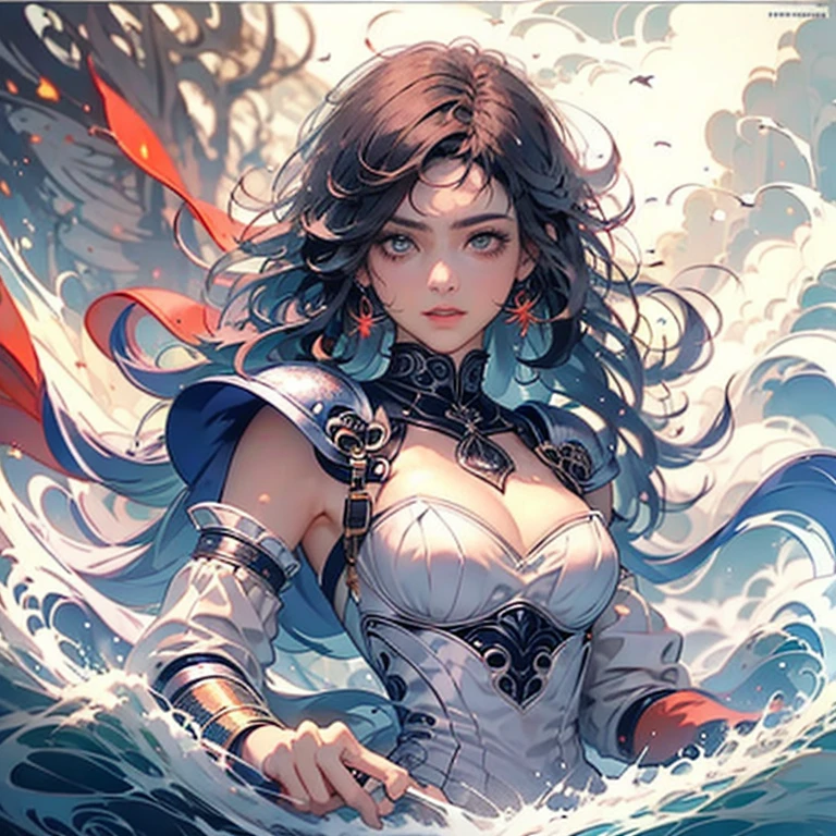 (masterpiece, top quality, best, official art, beautiful and aesthetic, long exposure: 1.2), smooth movement, attractive pattern, one girl, adult russian woman, freckles, jade eyes, black lob hair, portrait, solo, upper body, staring observer, detailed background, detailed face, (crystallineAI, crystal theme: 1.1), elemental water sprite, spinning water, water controlling, fantasy magician clothes, dynamic pose, floating particles, ether dynamics, water, steam, background sea, blue tones, coast, fantastic atmosphere, mini skirt. Blue hair. short hair