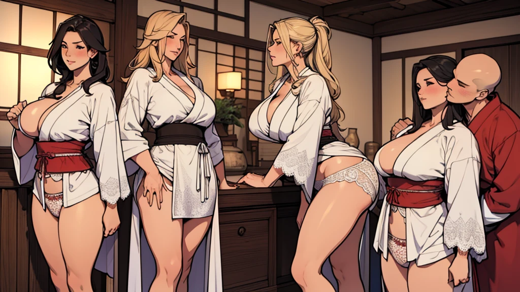multiple thick body large breast female warrior princess wearing open warrior robe uniform show bare breast and nipples hanging out of robe standing in a line, show detailed lace pattern panties, old style Japanese inn, tongue kissing