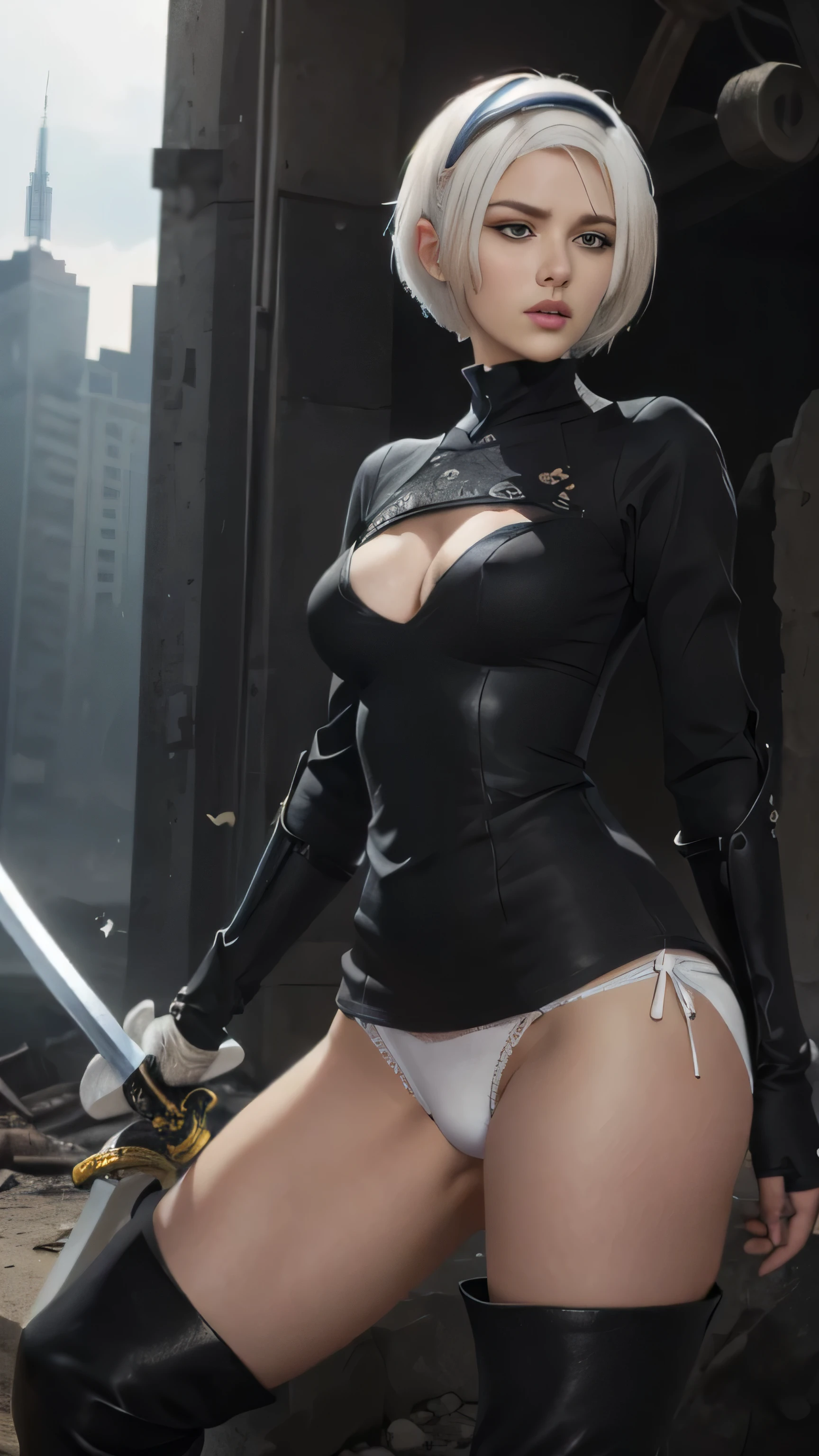 (black short dress:1.3), (spread your legs:1.0), (showing panties:1.0), (white panties:1.4), (black long boots:1.8), (black hair band:1.4), (beautiful face:1.5), (detailed face:1.2), (masterpiece, best quality:1.4), (In the ruined big city), (remains of large machinery:1.5), (fight against mechanical lifeforms:1.5), (full body shot:1.3), (1girl), (have a big sword:1.7), solo, (beautiful european:1.2), yorha no. 2 type b, (white short hair:1.5), hyperrealistic, high detailed skin, high quality, highly detailed face, highly detailed skin, skin pores, subsurface scattering, realistic pupils, medium breast, full face blush, full lips, detailed background, depth of field, volumetric lighting, sharp focus, absurdres, realistic proportions, good anatomy, (realistic, hyperrealistic:1.4)