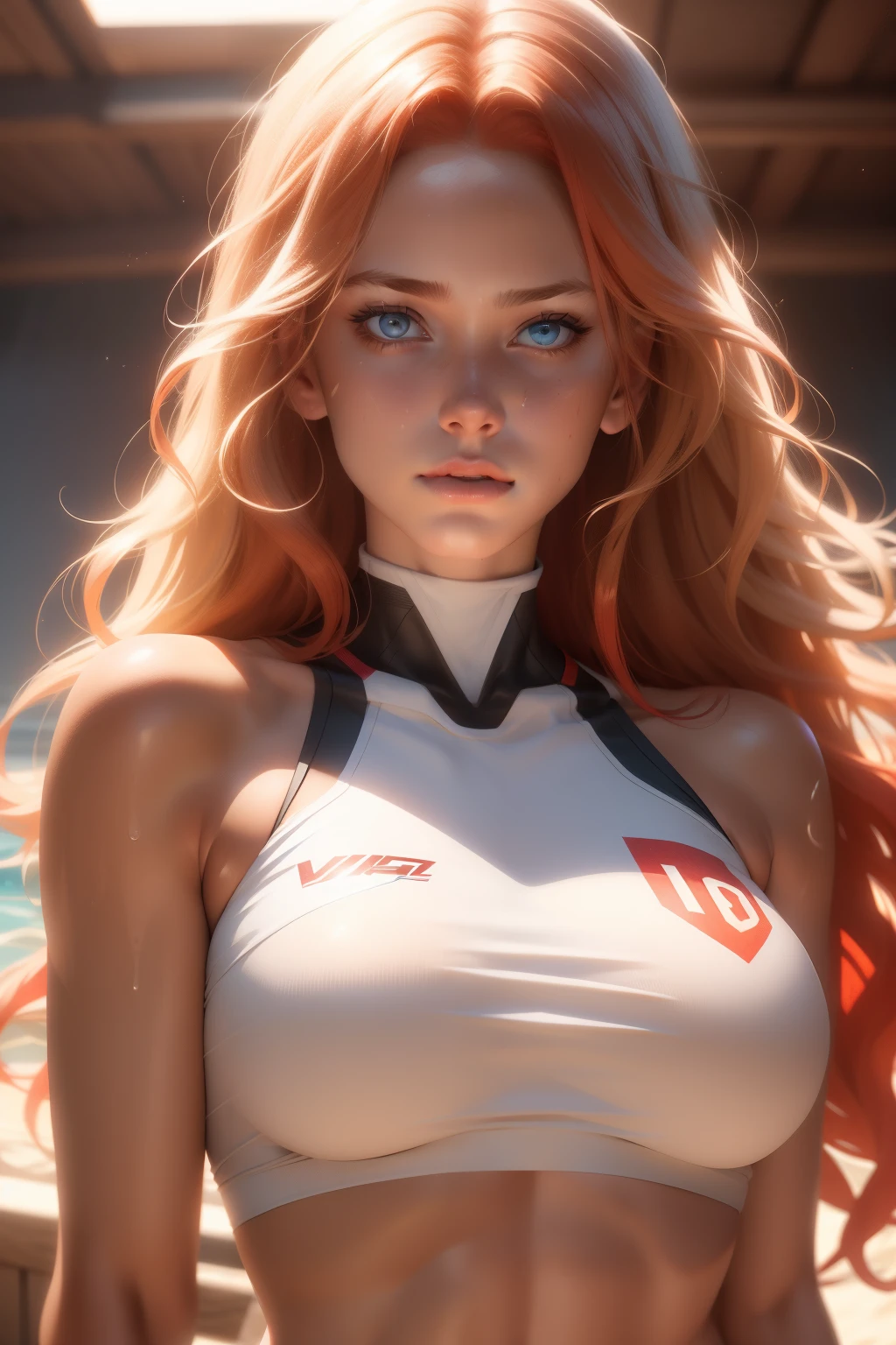 (1girl, 18 year olds),medium breasts, breasts,white female, red hair, blue eyes tan, dewy skin, sweaty skin, wavy hair, beauty, ultra-realistic, ultra lifelike, 4k, unreal engine, shy smile, perfect face, full body shot, slim thighs
