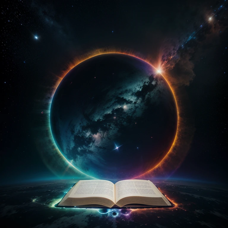 A cosmology book floating outside the universe