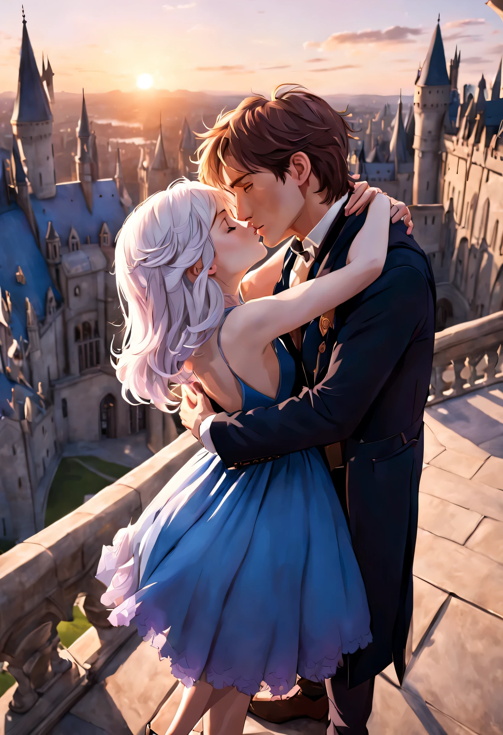 Eddie Redmayne as Newt Scamander with brown hair and freckles hugs a beautiful lady with white hair and lilac tips. Her hair reaches her shoulders and she is wearing a blue dress. They both look totally in love, about to kiss. It's a romantic scene at sunset on a Hogwarts terrace