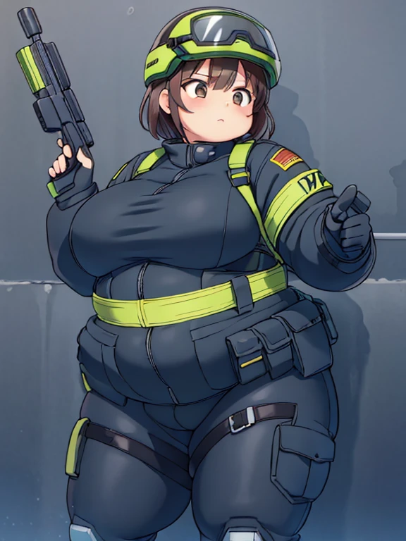 Chubby tactical swat girl, (bodysuit): 1.4, fat rolls, short hair, brown eyes, pudgy, (holding pistol):1.3, (swat helmet):1.3, extremely chubby, standing poised, BREAK plain white flat background,