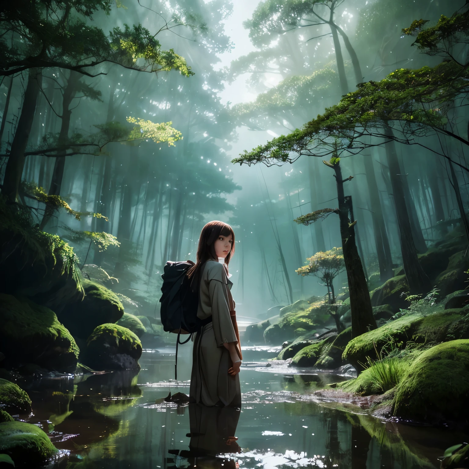 Arafed image of a woman standing in a stream in a forest - SeaArt AI
