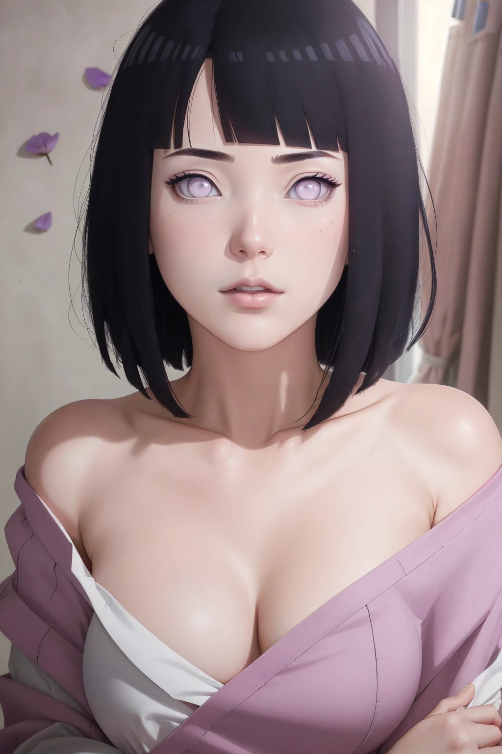 { - erro de anatomia} masterpiece, absurdres, hinata\(boruto\), 1girl, solo,mature female, off-shoulder oversized shirt, looking at viewelling petals), perfect composition, detailed lips, beautiful face, body propotion, blush, (pink lips), short hair,  purple eyes,  soft gaze,  super realistic, detailed, photoshoot, realistic face and body, sexual expression, seductive expression,