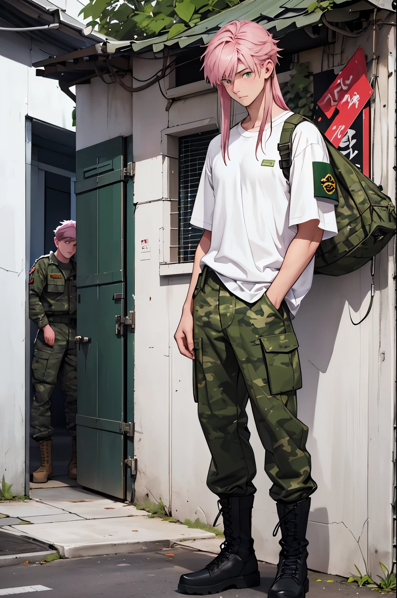 Boy 17 years old, young guy, White T-shirt, (Green, camouflage military pants:1,5), берцы, black boots, Pink hair, (neck length hair:1,5), full length.