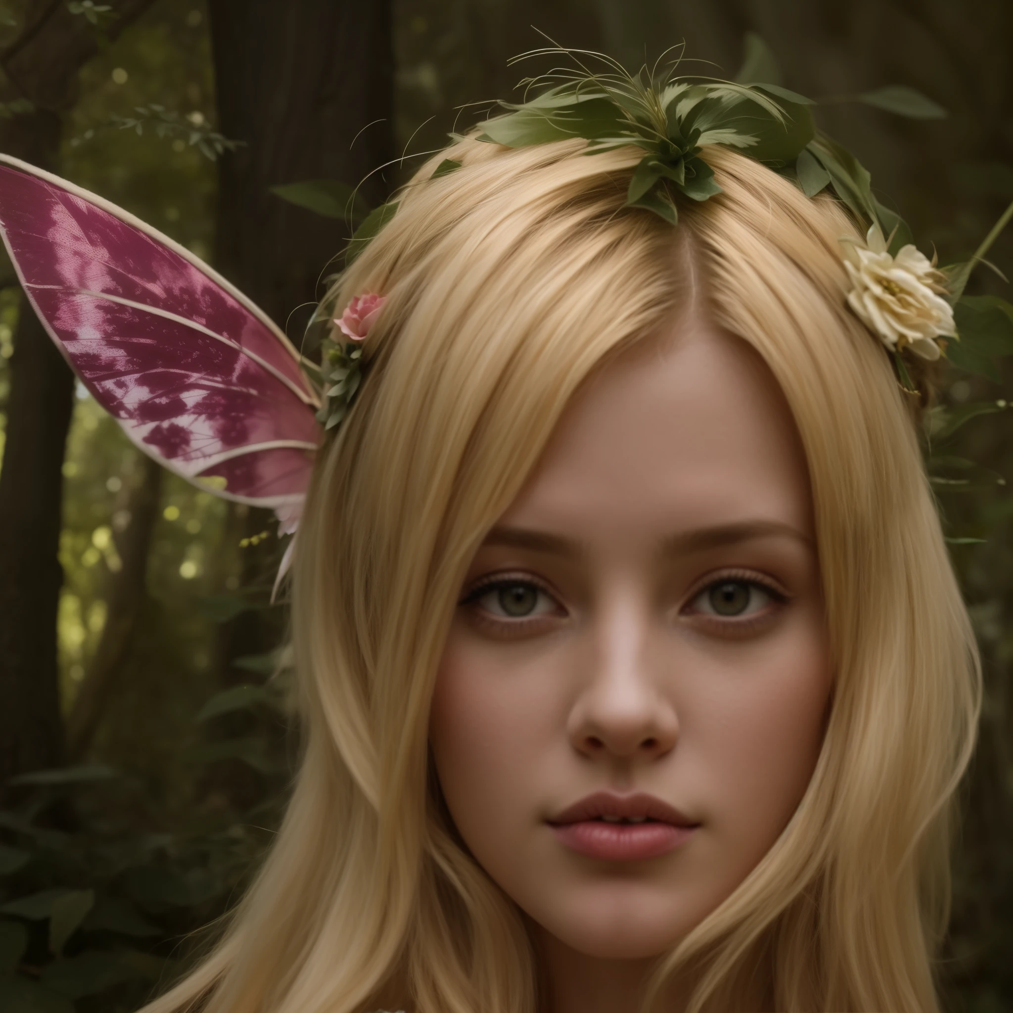 blond haired girl with hada wings and a flower crown, portrait of hada, portrait of a hada, portrait of hada princess, Fae age girl, retrato de elfo muy hermoso, ellie bamber hada, Faerie, hada, forest hada, hada look, forest Fae, Fae, retrato de un elfo, portrait of hada woman