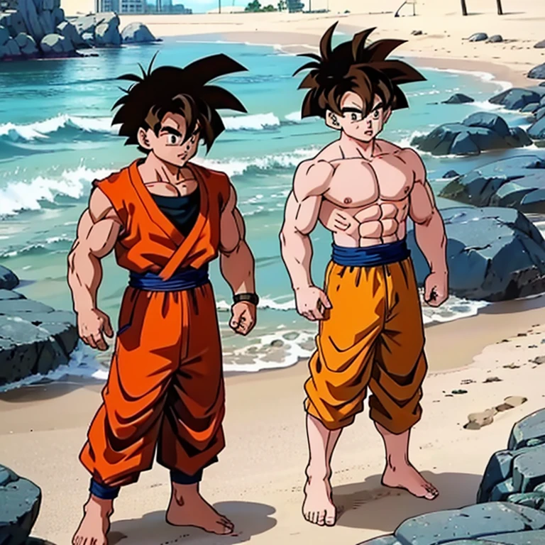 (Eine detaillierte Zeichnung von Son Goku, bodybuilding gym on the Beach.), shirtless, barefoot