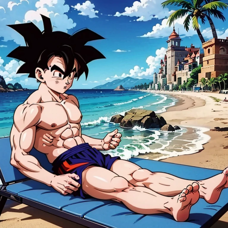 (Eine detaillierte Zeichnung von Son Goku, bodybuilding gym on the Beach.), shirtless, barefoot