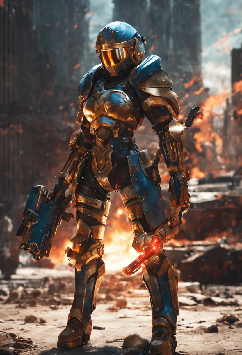 Warhammer Universe 40K，Girl in knight&#39;s armor，Blue and Gold Armor Mechanical Suit，shiny red sunglasses，Tense, war-like situation，holding a flaming sword，Destroyed buildings and flames，The background is a futuristic cityscape.，harsh and threatening atmosphere，Sci-fi cyberpunk aesthetic，High contrast and desaturated tones，Dramatic and dynamic quality of lighting effect,4K,(A high resolution,masterpiece:1.2),ultra detailed,(realistic,photorealistic,photo-realistic:1.37)