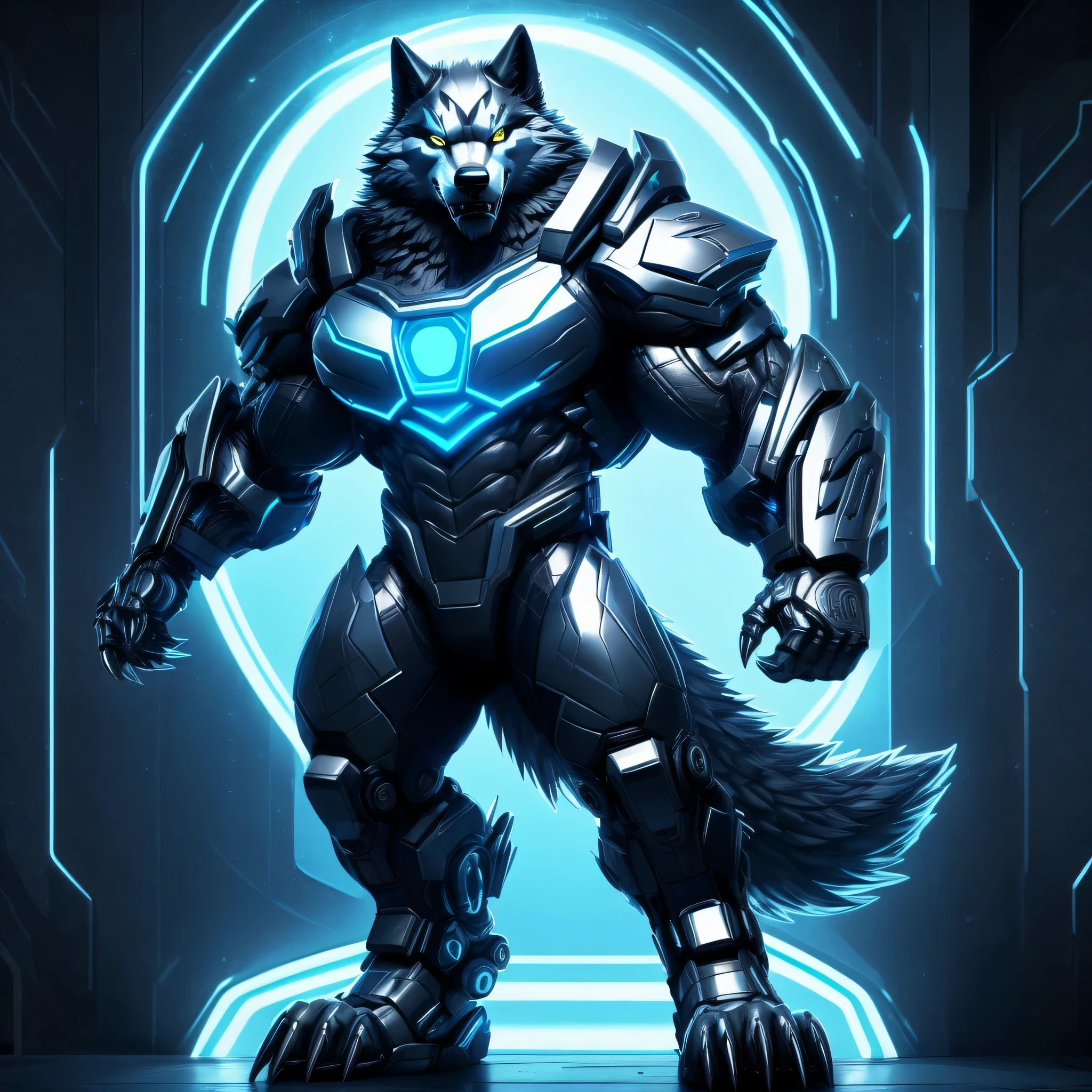 Cyber Wolf has a sleek and futuristic appearance, with a metallic silver body and robotic parts replacing his wolf-like features. He has sharp claws and teeth, as well as eyes that glow with an eerie blue light. He has a muscular and well-defined build, with rippling muscles and visible veins. He stands on two legs.