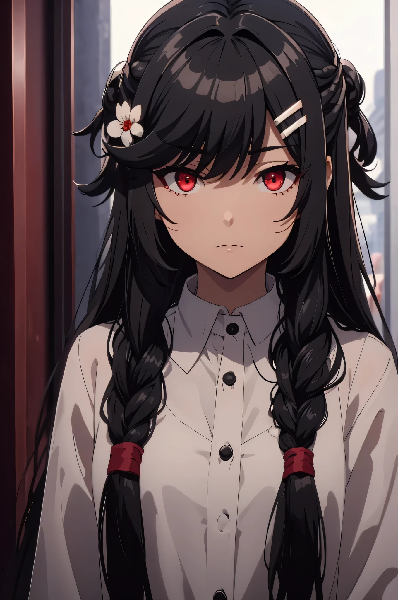 1girl,hair ornament,black hair,long hair,hair flower,hairclip,red eyes,braid,bangs,hair between eyes