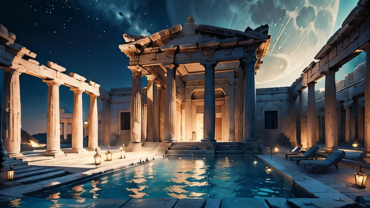 A big pool bath in the middle of a magnificient greek temple. Moon is shining.