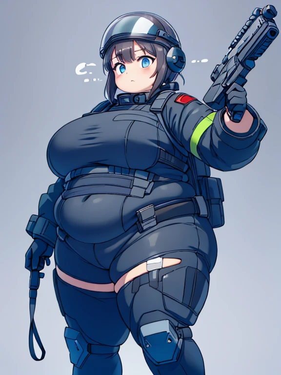 Chubby tactical swat girl, (bodysuit): 1.4, fat rolls, short hair, blue eyes, pudgy, (holding pistol):1.3, (swat helmet):1.3, extremely chubby, standing poised, BREAK plain white flat background,