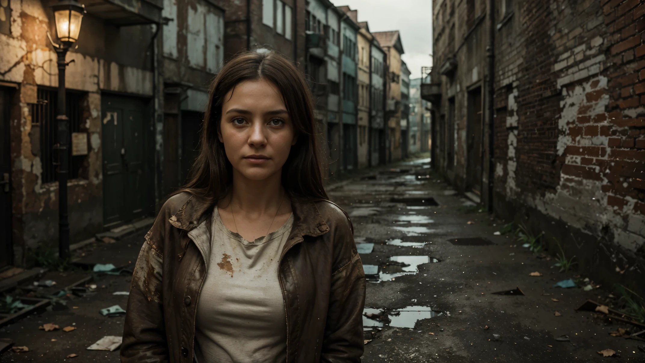 best quality,4k,8k,highres,masterpiece:1.2,ultra-detailed,realistic:1.37,woman,teary-eyed,emotional,crying,sad,despair,lonely,heartbroken,dejected,distressed,upset,soothing atmosphere,soft lighting,dark shadows,soviet style alleyway,rough cobblestone pavement,crumbling walls,rusty street lamps,gritty textures,weathered buildings,peeling paint,faded posters,abandoned atmosphere,eerie silence,heritage architecture,sparse vegetation,sadness in her eyes,cold wind blowing,tattered clothing,void of hope,vivid colors reduced,historical,timeless,vintage aesthetics
