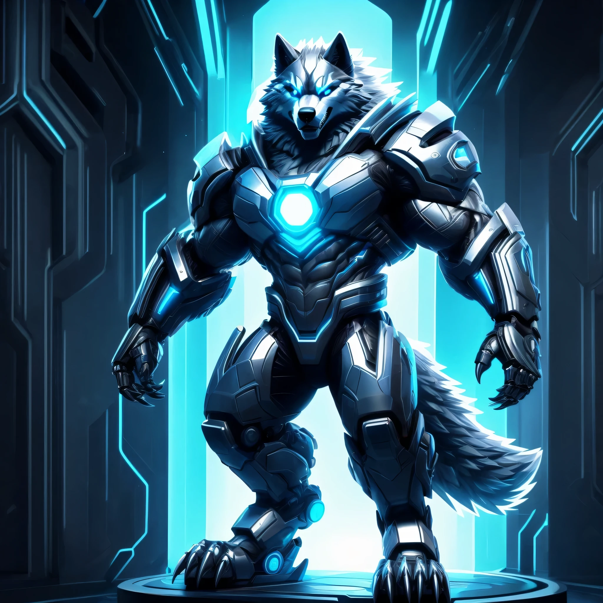 Cyber Wolf has a sleek and futuristic appearance, with a metallic silver body and robotic parts replacing his wolf-like features. He has sharp claws and teeth, as well as eyes that glow with an eerie blue light. He has a muscular and well-defined build, with rippling muscles and visible veins. He stands on two legs.