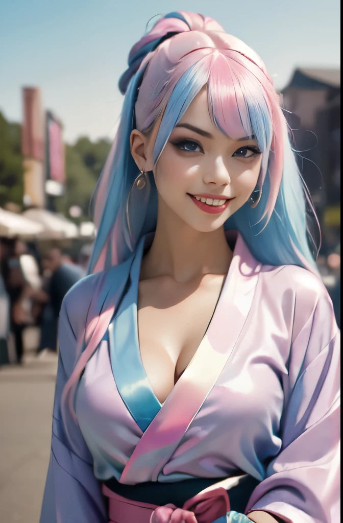 (masterpiece), (((highest quality)), (super detailed), 1 girl, (iridescent hair, colorful hair, half blue and half pink hair: 1.2), 17 years old, (yukata: 1.2), outdoor, bangs, smile, sky blue eyes, perfect hands, perfect hands, hand details, corrected fingers. Earrings, Night Store + Background, looking_at_viewer, Cowboy Shot, Top Quality, Rich Detail, Perfect Image Quality,