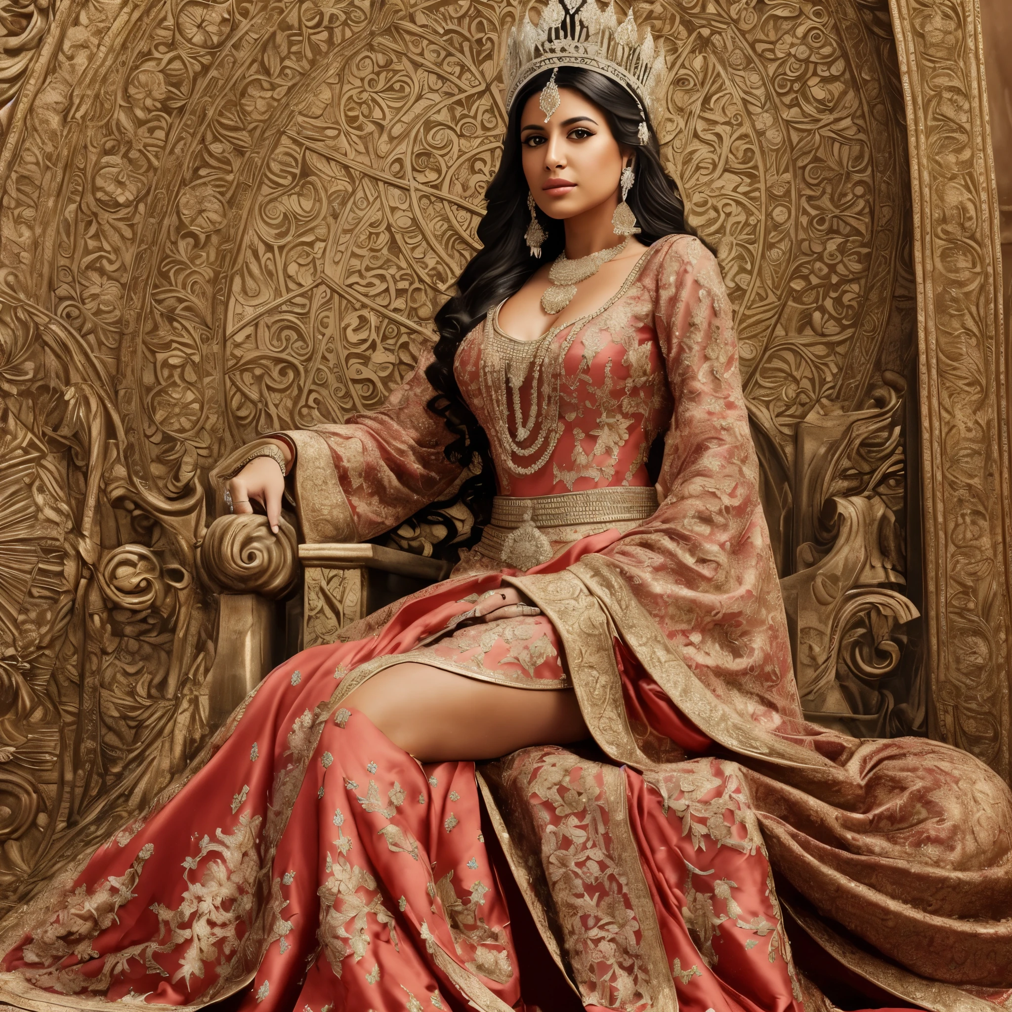 young Latin woman with brown eyes dressed in royal dresses as a queen. Holding a neutral expression. Sitting on a throne.  --auto --s2