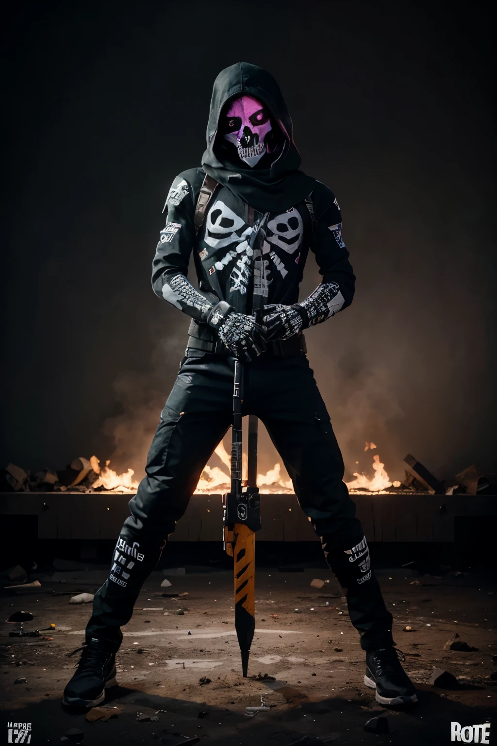 **A visually striking representation of the Fortnite skull trooper, depicted in full body standing position with a pickaxe. The image is a high-quality multicolored color splash photograph. Every aspect of this composition is meticulously detailed, showcasing the intricate design of the skull trooper's menacing costume, highlighted by vibrant hues and tones. The subject exudes an aura of intensity and power, as if ready for battle. It is a mesmerizing visual portrayal that captures the essence and allure of this iconic character.