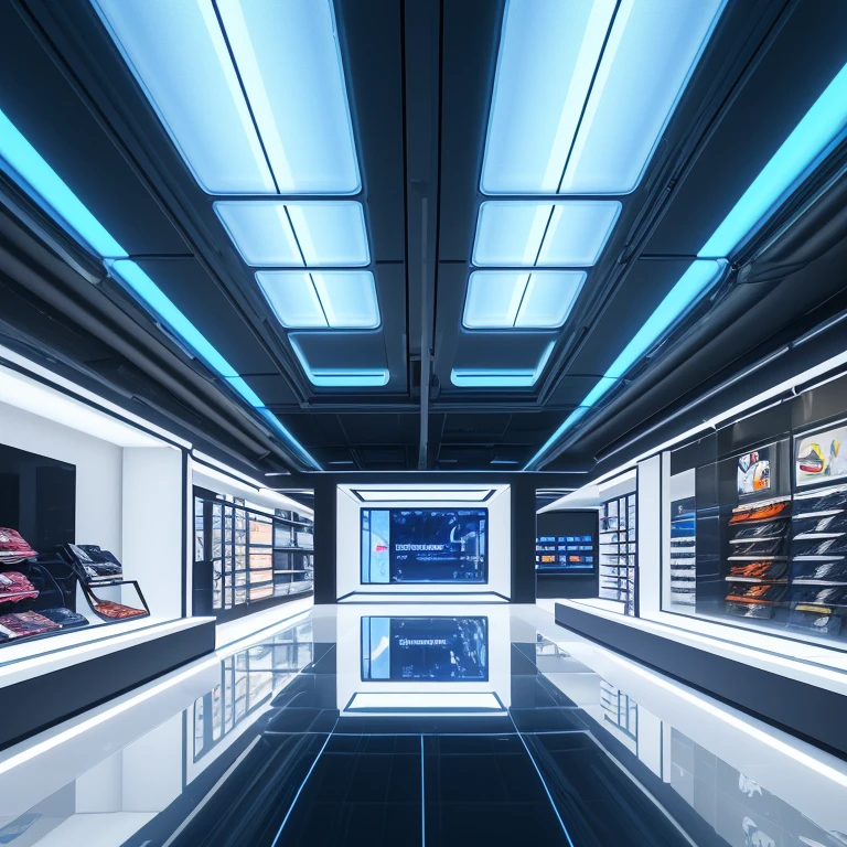 Very futuristic digital space area forgotten in a hyper commercial store of clothing and various furniture on sale, ultra hd bright lights , very HD image quality with blue bloodhound powder, a very aesthetic ceiling and the transparent glass floor revealing another shop, puis des client qui marchent dans la boutique