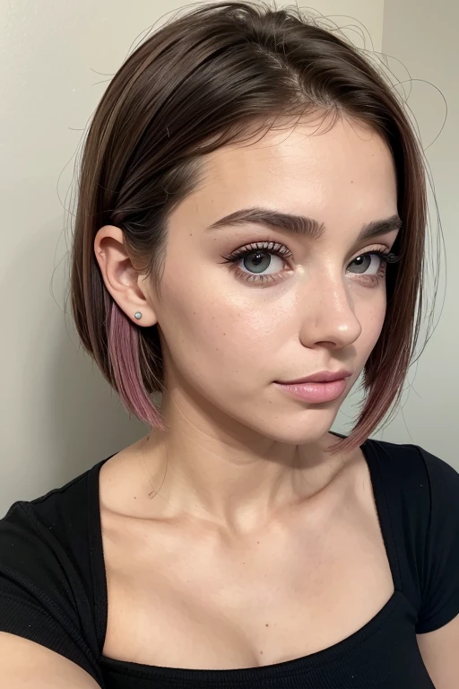 Belle fille, Marron_eyeeautiful mince adolescente de 18 ans, cheveux color [Brown highlights cheveux], [Pixie undercut] cheveux)), boucles d’oreilles, lèvres, Réaliste, taille étroite, charmant, pink lèvrestick, maquillage coloré, Cils longs, boucles d’oreilles, porter de l’eye-liner, peau claire, (mignon), (face détaillée), Yeux détaillés, Iris détaillé, nue